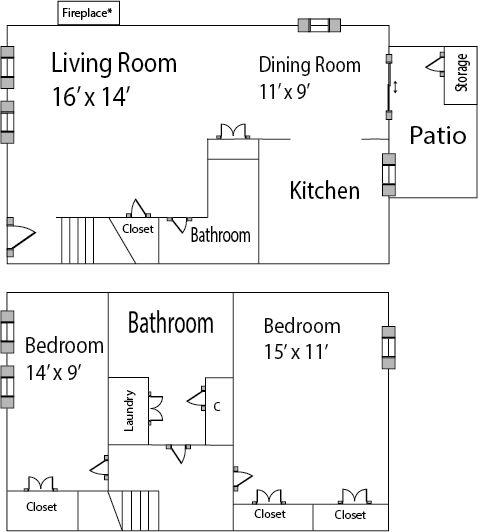 Floor plan for 2 beds, 1.5 baths, 1000 sqft